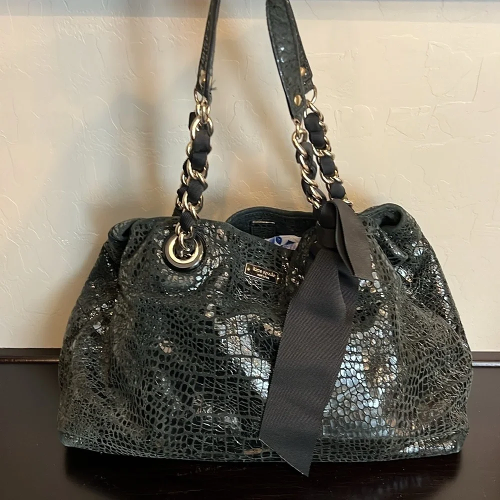 Kate Spade Y2K Black Patent Leather Croc Pattern Shoulder Bag Satchel Tote EUC